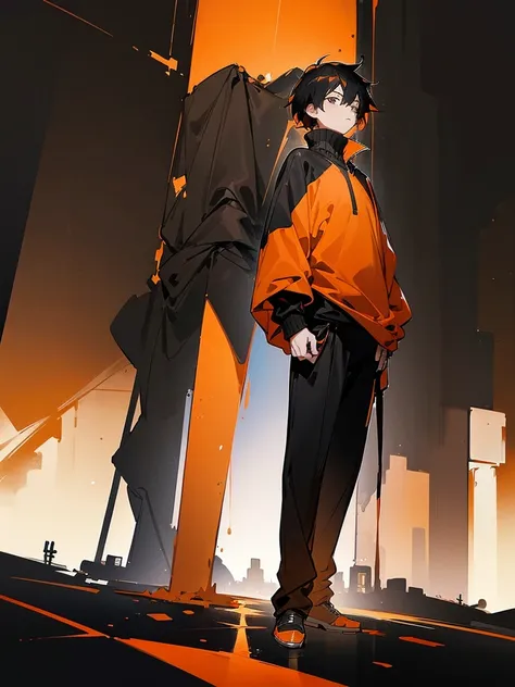 1male, short hair, black hair, orange hair, two tone hair, oumbre hair, black eyes, orange and black gradient baggy sweater, black pants, city background, detailed background, standing on path, hands to side, expressionless