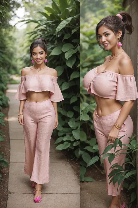 Half-length glamour portrait, nikon D850, f1.6 lens, 200mm, DSLR, 22 Megapixels, (((Strolling in a lush botanical garden scene))), shot of a stunning 20 years old portuguese girl, (smile:1.4), (wearing Bubblegum pink Wide-leg linen pants with Bubblegum pin...