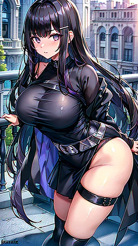 1990s, (masterpiece), high-definition, detailed face, cute girl, perfect body, (big tits: 1.4) big hips, round ass, (black hair with dark purple highlights: 1.4), (tight grey t-shirt: 1.4), (black jacket: 1.4), (purple tight skirt: 1.3), belt, (black thong...