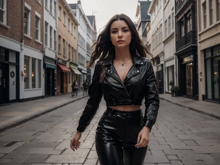 very detailed, ultra realistic, 8k photo, a beautiful stylish rocker woman, she is wearing black clothes, she is walking down the street during the day