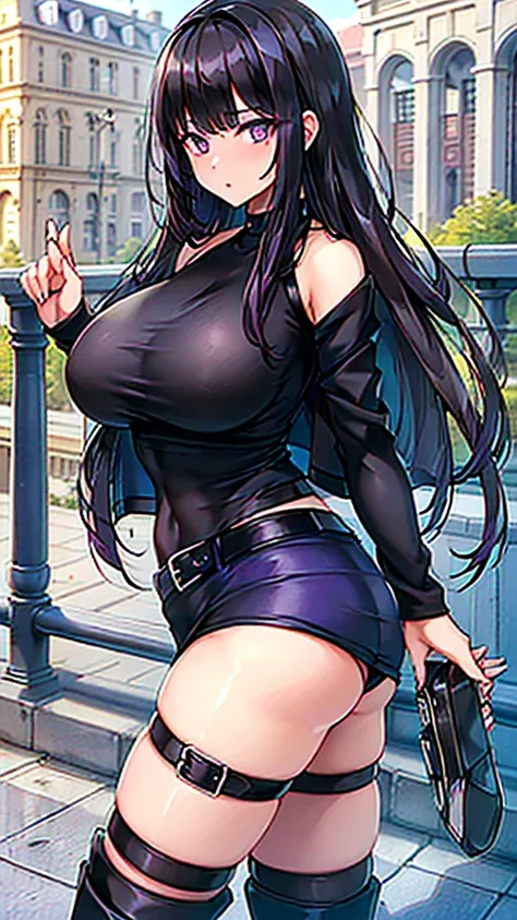 1990s, (masterpiece), high-definition, detailed face, cute girl, perfect body, (big tits: 1.4) big hips, round ass, (black hair with dark purple highlights: 1.4), (tight grey t-shirt: 1.4), (black jacket: 1.4), (purple tight skirt: 1.3), belt, (black thong...