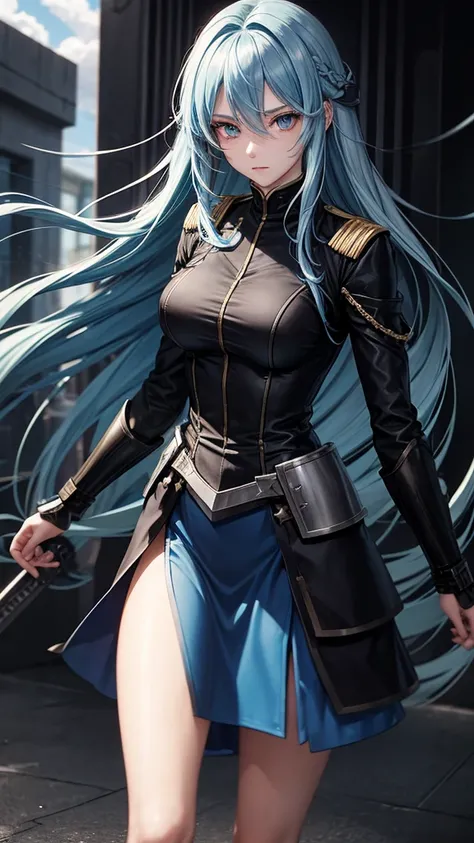 Chtholly had long sky blue hair and blue eyes. In battle, she wears a black/navy blue female military uniform as well as steel armor.