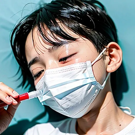 Handsome kindergarten boy with infectious disease、Appearance of suffering. He is wearing a white mask. He has a high fever. he is sleeping. He has a cough. He is exhausted. He is taking his temperature with a thermometer. He is dying. He is cooling his for...