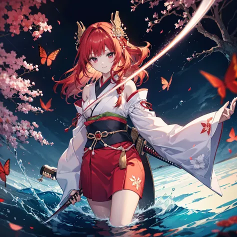 ((High resolution　Redhead　Long Hair　Tie-up hair　Black kimono　red band　Goddess of victory　smile　Standing on the surface of the water))　((Red butterfly　night　Japanese style　shoulder　old　Shining Aura　rain))　(((Holding a sword　Japanese sword　long blade　Light r...