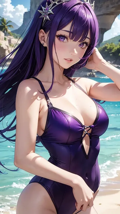 A girl wearing a purple high-cut swimsuit, Purple Hair、Purple Eyes、Bangs、tiara, scenery, Sexy expression, ((Very detailed)), (Perfectly detailed face), (Detailed and well-drawn hand) Photorealistic images.