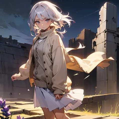 1female, young adult, tan skin, finely detailed lavander eyes, straight medium, grey hair, skirt, sweater, cardigan, standing on ruined building, night time, serious expression