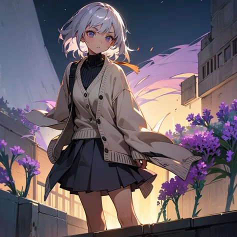 1female, young adult, tan skin, finely detailed lavander eyes, straight medium, grey hair, skirt, sweater, cardigan, standing on ruined building, night time, serious expression