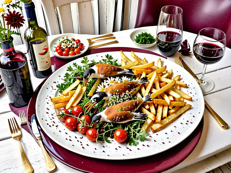 a large plate with a one large fried seagull with french fries, seasoned with greens, cherry tomatoes, sprinkled with grated che...