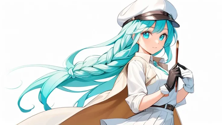 Female, woman, mature, Beautiful, Humble, Kind, long hair upper waist Stright Braided Hairstyles, Aqua blue pupil eyes colour, bright cyan Hairs, leather white wear Newsboy Cap, white dress flowing with skirt, wear leather white female gloves, holding smal...