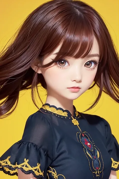 chibi,Anime illustration, Adorable woman, vibrant red straight hair, elegant styling, chic black dress with subtle lace and embroidery details, cute and stylish appearance, big and bright eyes in striking golden yellow with simple yet charming details, fla...