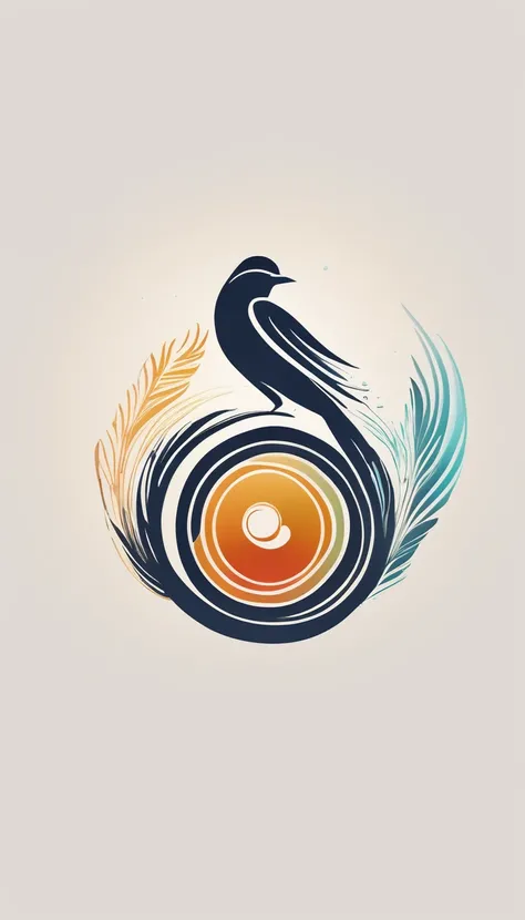 Create a cinematic, abstract symbol for a film production company based on stories and music. The logo should represent the companionship between a boy musician, A Storyteller Fantasy Bird and a Dreamy Feather. Minimalist symbol design
