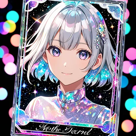 A high-quality hologram trading card depicting an anime-style A high-quality hologram trading card depicting an anime-style girl, with glitter, mother-of-pearl, and a black background around the card, clear coloring, and colorful
, with glitter, mother-of-...