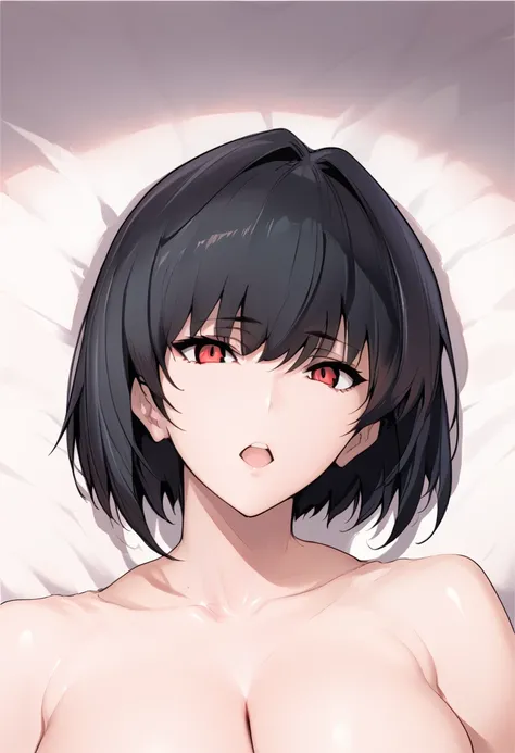 score_9_up, score_8_up, score_7_up, source_anime, 1girl, black hair, bob cut, medium hair, red eyes, expressionless, (nude, portrait), open mouth, cleavage, huge breasts