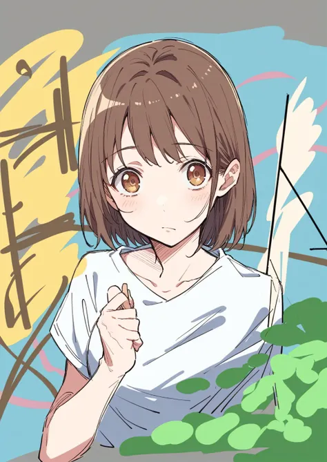 anime girl with brown hair and white shirt holding a stick, anime moe artstyle, in an anime style, anime style portrait, in anime style, chihiro! fujisaki, flat anime style shading, subtle anime style, 🤤 girl portrait, iwakura lain, sayori, semirealistic a...