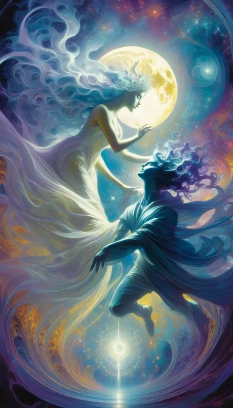 the famous love affair between Goddess of the moon Selene and mortal Endymion, fractal art, (art inspired by Bill Sienkiewicz). oil painting)
