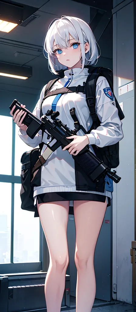 a beautiful young girl with medium-sized br easts, white hair, wearing a backpack,cinematic lighting, pho torealistic, extremely detailed, 8k, high resol ution, best quality, masterpiece，Holding a gun，Blue Eyes，Sci-fi style