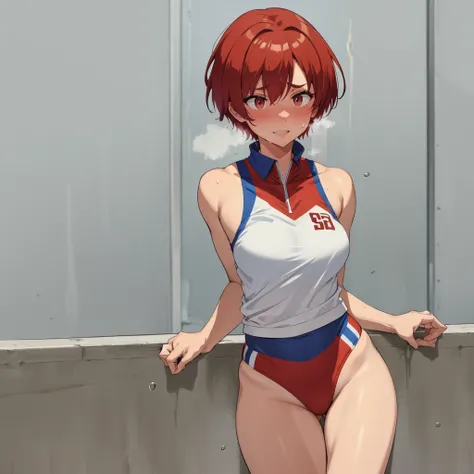 Concrete wall、No background、Standing posture、Track and field athlete、Athletics Stadium、athlete、(1 female)、(Red hair、Short Hair）、(Sleeveless track uniform、Racing Bloomer)、Ultra-detailed illustrations、Ultra-precision performance、masterpiece、Highest quality、超...