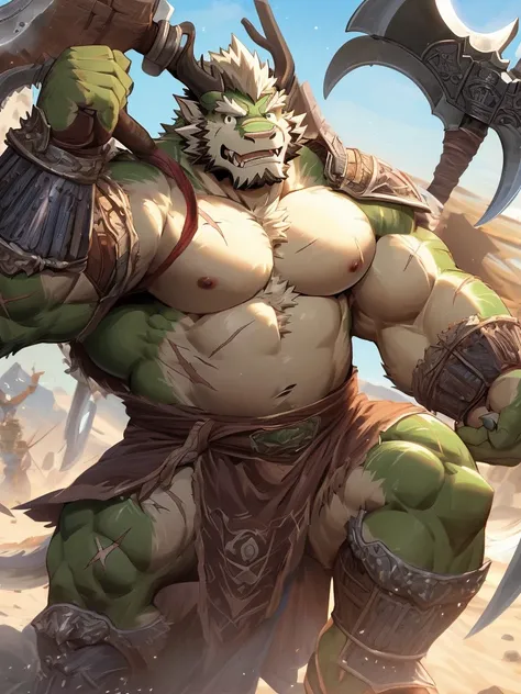 a furry eastern dragon, long whisker, green fur, bare chest, big chest, big build, warrior waist armor, sandal, ((eastern dragon), ((green dragon)), ((waist armor)), furry art, full body, mature, tall, daddy, muscular, rounded face, ((no coat)), ((berserke...