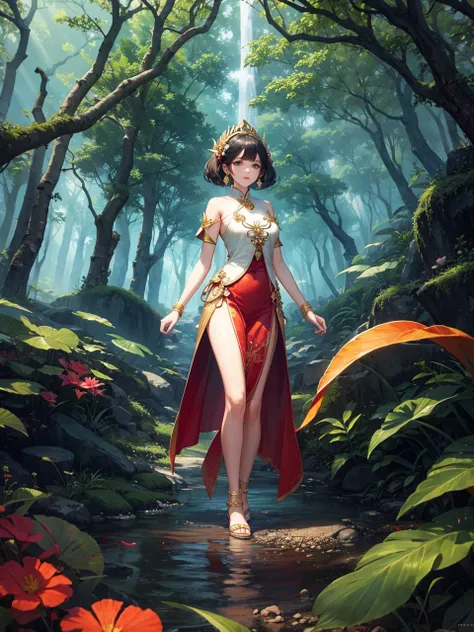 Full body, a girl standing in a goddess rainbow pastel Thai traditional outfit, in mystical forest with fairies 