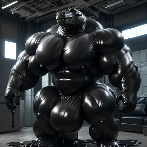 solo, male, , , ,  (hyper pecs:1.2), （long thick thighs:1.5）, standing, indoor,，(，,(,solo,very hyper muscles:1.3)((, Huge bulge：1.3))）（corruption)), black glowing liquid，（((liquid_latex, , rubber:1.2)，,black latex，goo transformation，(gooey)()(l），unreal eng...