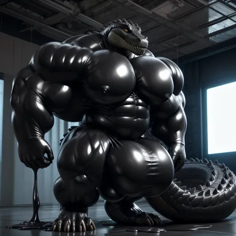 solo, male, , , ,  (hyper pecs:1.2), （long thick thighs:1.5）, standing, indoor,，(，,(,solo,very hyper muscles:1.3)((, Huge bulge：1.3))）（corruption)), black glowing liquid，（((liquid_latex, , rubber:1.2)，,black latex，goo transformation，(gooey)()(l），unreal eng...