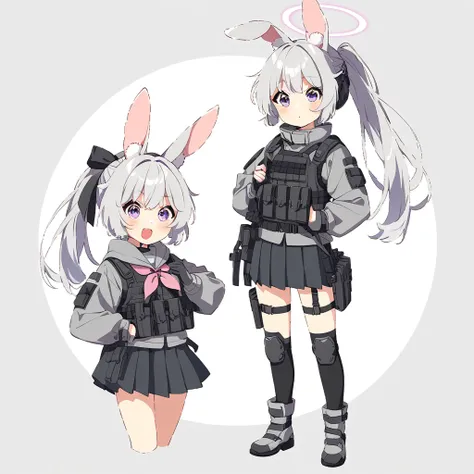 miyakodef, miyakornd,miyako, grey hair, long hair, ponytail, bangs, purple eyes, alternate hairstyle, animal ears, rabbit ears, halo, tactical clothes, bulletproof vest, knee pads, gloves, school uniform, two-tone gloves, boots, pink neckerchief,