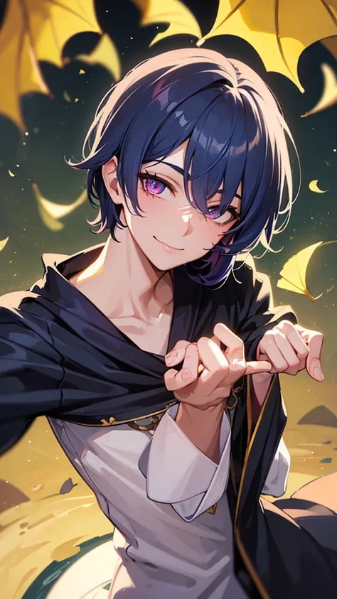 1man,dark blue hair,best quality,masterpiece,extremley,pink eyes,male focus,beautiful eyes, make a head hands, wink, smile, ginkgo leaves in background.