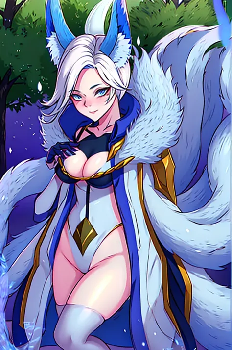 Liliana girl,blue eyes,Fox ears,White ears,Foxtail,9 tailed fox,white tail,chest larger than head,large chest area,big tits,Not wearing a veil,not wearing gloves,Empty hands,big ass,thick thighs,Barefoot,naked