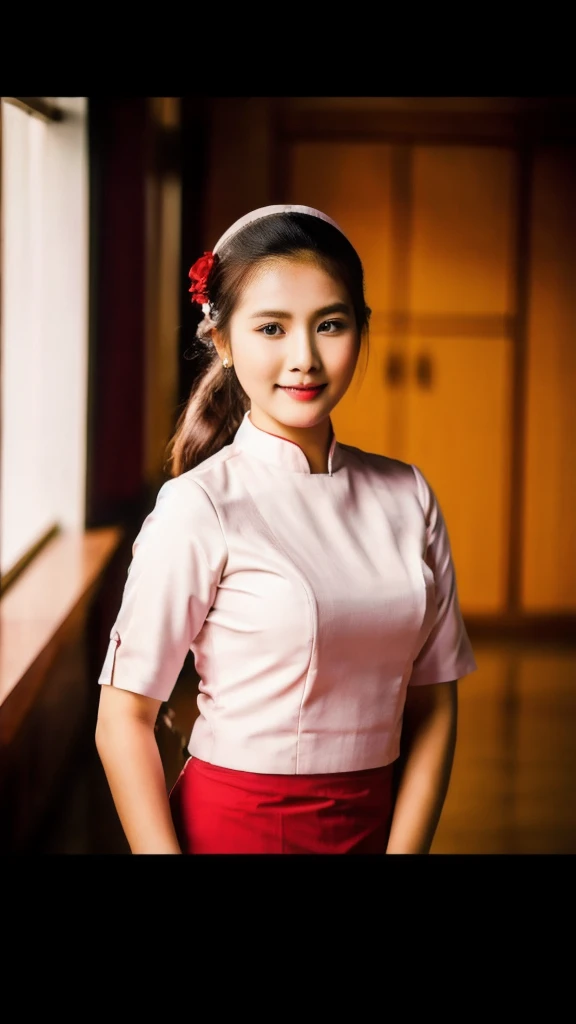 Myanmar is a beautiful hospital nurse, with red longyi, white blouse uniform 