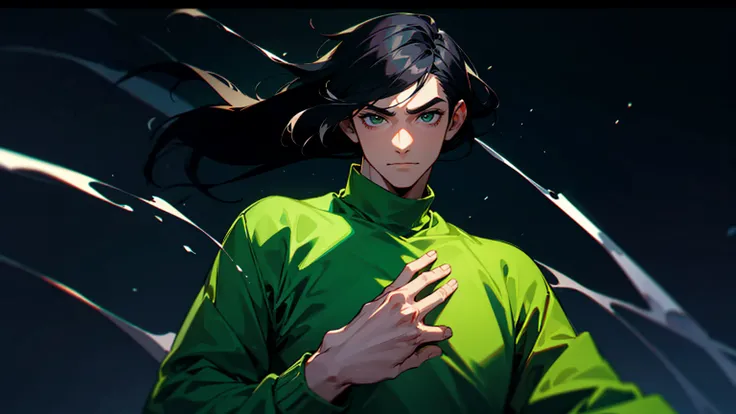 black hair man green sweater