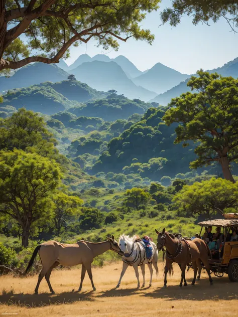 You can see the Korean woman standing gracefully, the costumes with intricate beadwork cascading with her feet, the towering baobab trees in the background, the warm shades of the savannah skyline at dusk, and the silhouette of the mountain. Acacia trees d...