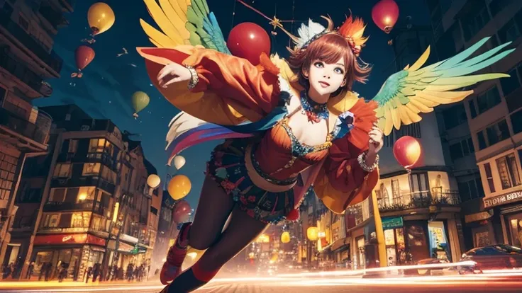 anime style,masterpiece,best quality,super detailed, super fine illustration, highly detailed, dynamic angle,dynamic scene, beautiful detailed, 8k, In the night サーカス, BREAK colorful parrots and parakeets are flying in the sky or perching on clownの肩.clown,p...