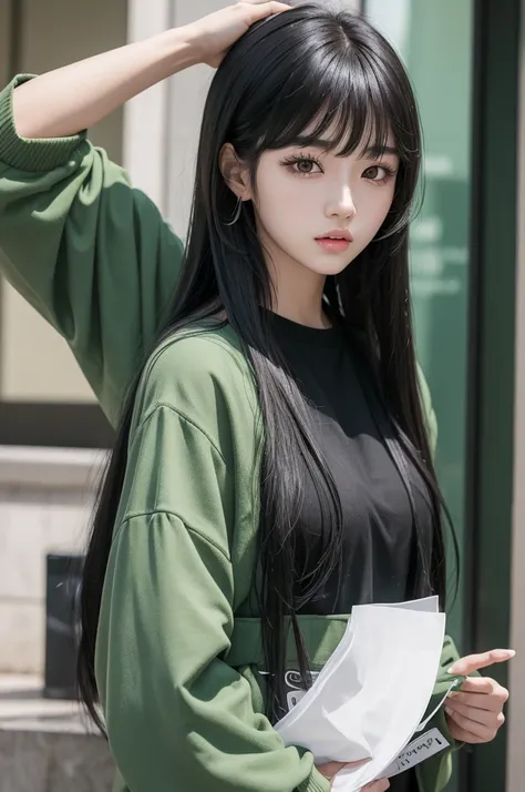 Make an 18-year-old Korean kpop idol with long black hair and bangs and greenish eyes