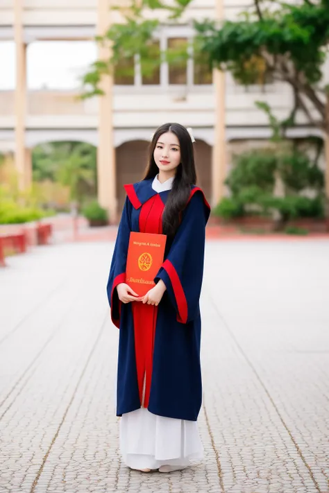 arafed woman in a graduation gown holding a red book, wearing an academic gown, graduation photo, ao dai, wearing long gown, wearing long royal robe, young asian girl, student, flowing hair and long robes, wearing blue robe, mid shot portrait, wearing red ...