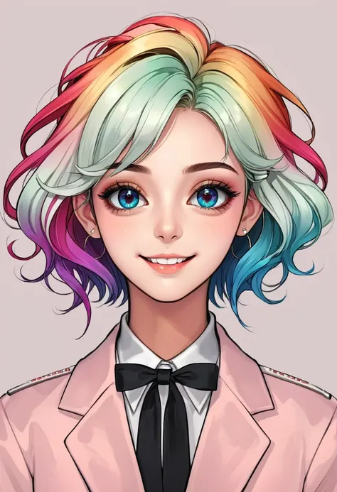  Detailed digital anime art，Cute digital illustration，Anime style girl portrait，Smile，Solitary，symmetry，Gradient hair，Big colorful eyes，Fashionable and exquisite facial features，Exquisite makeup，Beautiful hairstyle，Hairpin，Clean and simple background