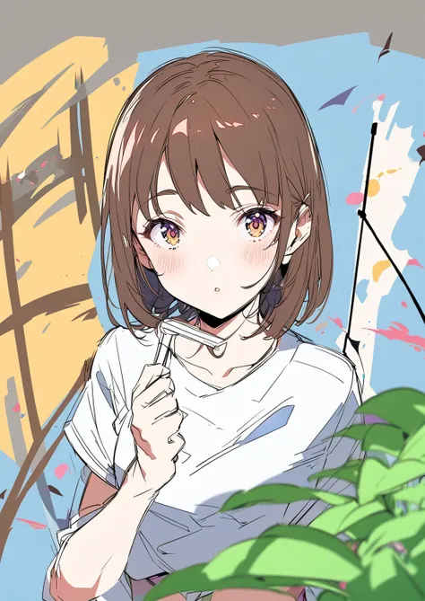 (masterpiece, best quality),anime girl with brown hair and white shirt holding a stick, anime moe artstyle, in an anime style, anime style portrait, in anime style, chihiro! fujisaki, flat anime style shading, subtle anime style, 🤤 girl portrait, iwakura l...