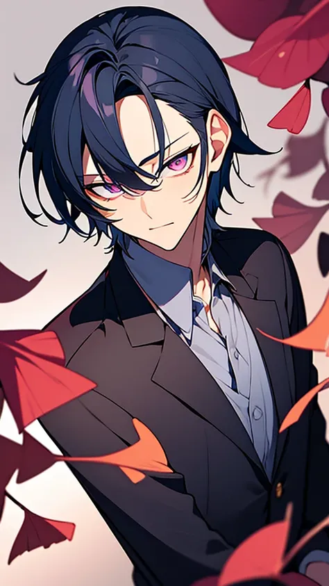 1man-boy,dark blue hair long,best quality,masterpiece,extremley,pink eyes,male focus, Cold eyes, make a head hands, wink, ginkgo leaves in background.