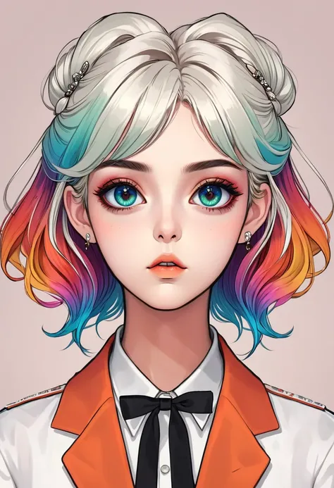 Cute digital illustration，Detailed anime style girl portrait，Solitary，symmetry，Gradient hair，Big colorful eyes，Fashionable and exquisite facial features，Exquisite makeup，Beautiful hairstyle，Hairpin，Clean and simple background