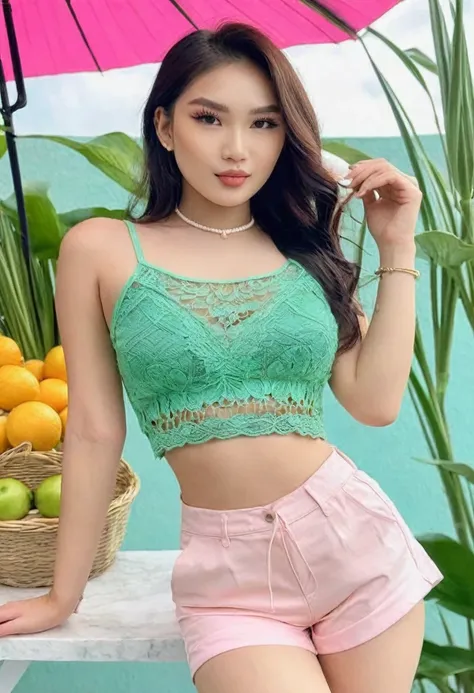 ((high quality:1.2)), Work of art, (8k), extremely detailed, ((High detail:1.2)) ((best resolution)), (HotLexi woman), Solo, ((24 years old pretty perfect Vietnamese model female:1.2)), (crop top, mini-shorts),