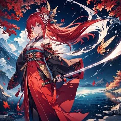 ((high resolution　redhead　long hair　tie-up hair　black kimono　red band　goddess of victory　smile　standing on the surface of the wa...