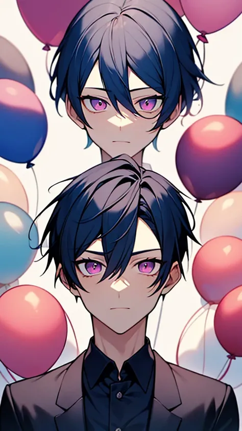 1man-boy,dark blue hair long,best quality,masterpiece,extremley,pink eyes,male focus, Cold eyes, make a head hands, wink, floating balloons leaves in background.