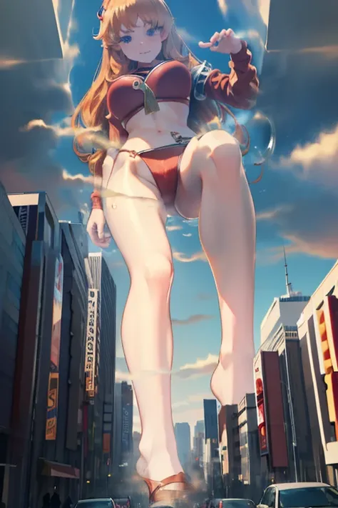  GTS, giantess, Giant Girl 50,000 km high，Have a pair of long legs，very long legs, Have a pair of huge breasts，Wearing a red bikini，Waist length blonde hair，Loose hair，Wear a pair of Mary Janes，Blonde curly hair，full of enjoyment，Stand still in a crowded c...