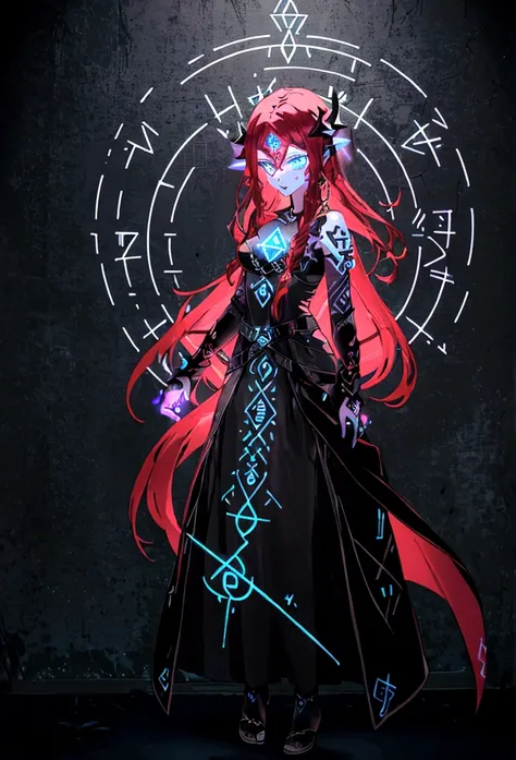 4K high resolution, one female, (((Glowing Rune Tattoos))), black and red hair, princess knight dress and pants, circlet
