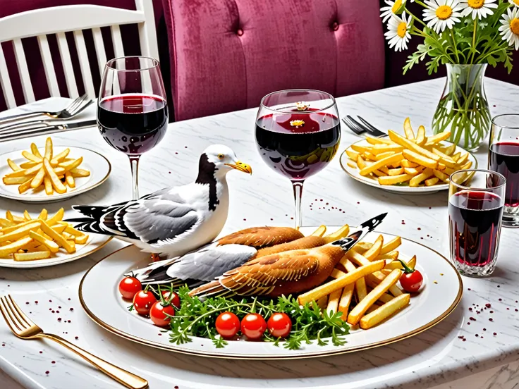 a large plate with a one large fried seagull with french fries, seasoned with greens, cherry tomatoes, sprinkled with grated che...