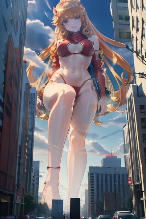  GTS, giantess, Giant Girl 50,000 km high，Have a pair of long legs，very long legs, Have a pair of huge breasts，Wearing a red bikini，Waist length blonde hair，Loose hair，Wear a pair of Mary Janes，Blonde curly hair，full of enjoyment，Stand still in a crowded c...