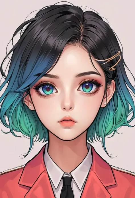 Lines outline the outline，Realistic Anime，Cute digital anime illustrations，Anime style girl portrait，Solitary，symmetry，
Big colorful eyes，Fashionable and exquisite facial features，Exquisite makeup，
Gradient hair，Beautiful hairstyle，Hairpin，Clean and simple...