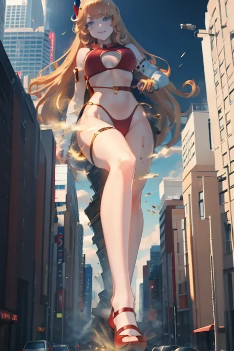  GTS, giantess, Giant Girl 50,000 km high，Have a pair of long legs， long legs, Have a pair of huge breasts，Wearing a red bikini，Waist length blonde hair，Loose hair，Wear a pair of Mary Janes，Blonde curly hair，full of enjoyment，Stand still in a crowded city,...