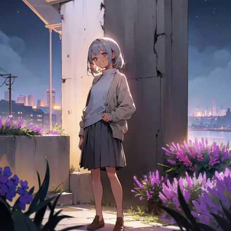 1female, young adult, tan skin, finely detailed lavander eyes, straight medium hair, grey hair, skirt, sweater, standing on ruined building, night time, happy expression