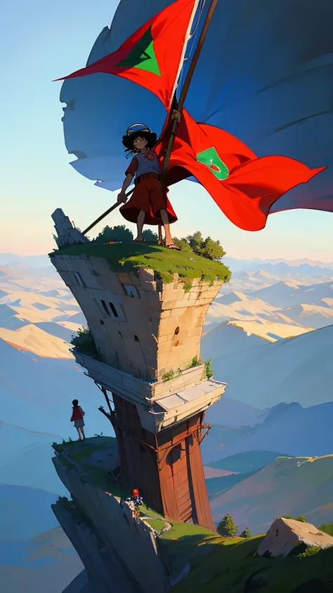 Luffy standing on the top of the mountain holding a palestine flag 