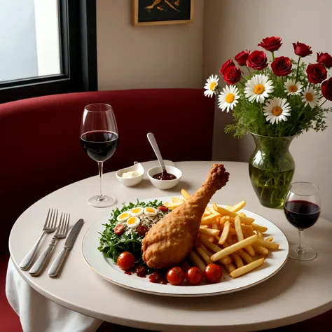 a large plate with a one large fried drumstick with french fries, seasoned with greens, cherry tomatoes, sprinkled with grated c...